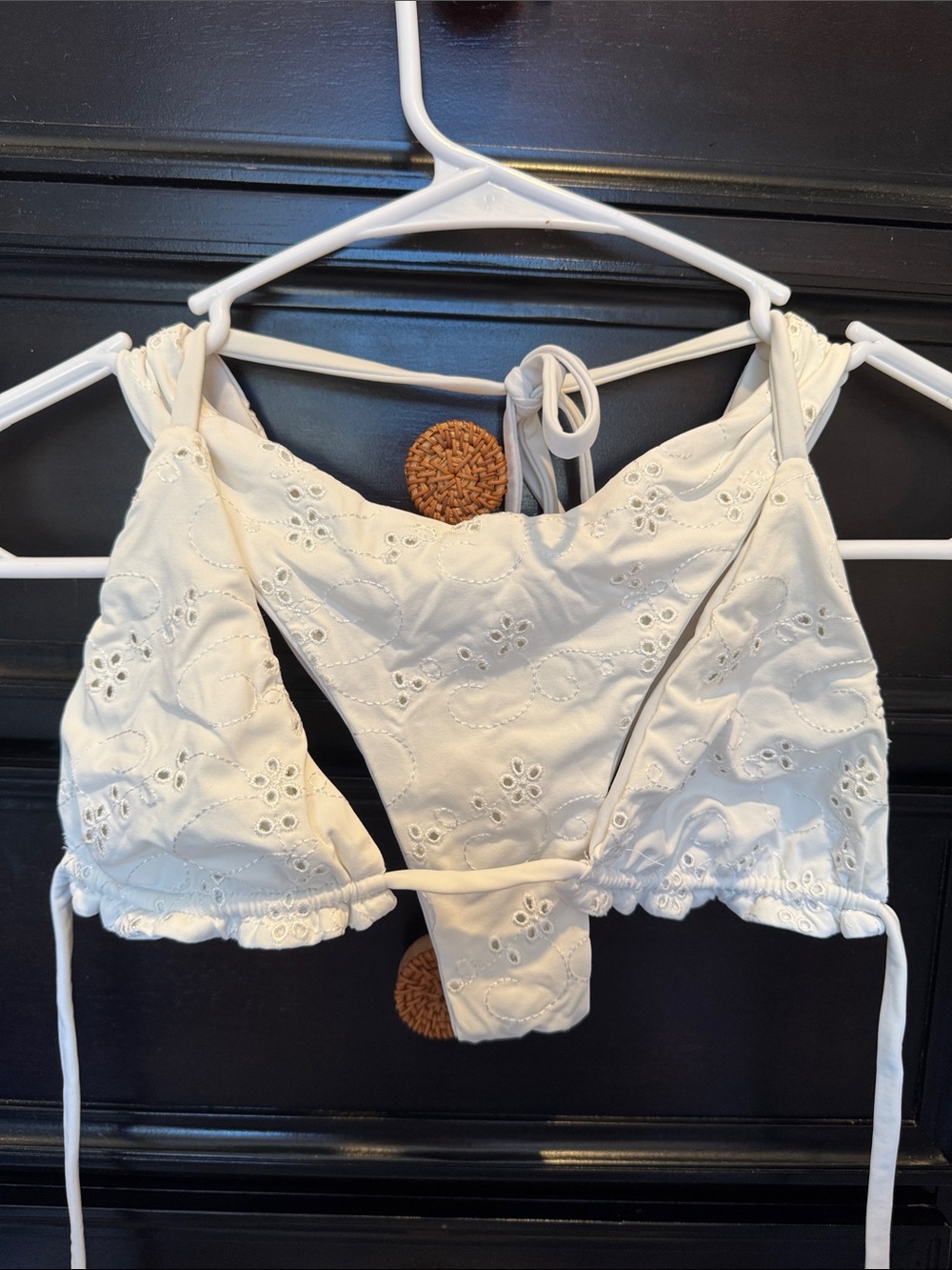 White Eyelet Tie-Back Bikini Top with Ruching